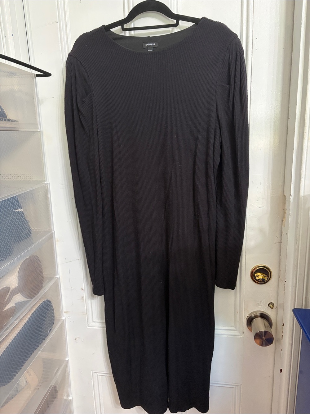 Express Black Ribbed Long Sleeve Midi Dress — Sleek Solid Black